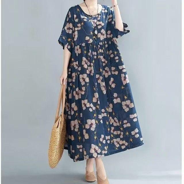 Summer New Literary Age Reduction Large Size Loose and Thin Printed Short-sleeved Long Dress with Pockets Over the Knee Skirt