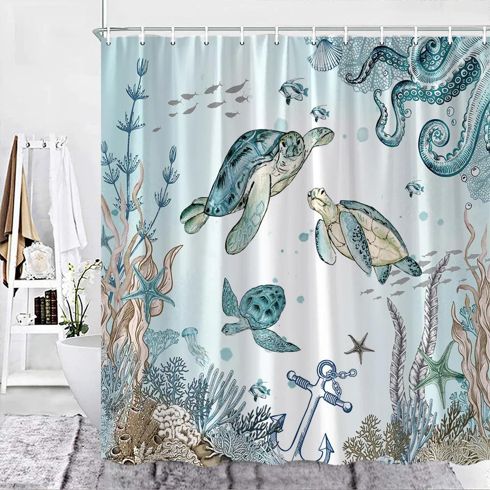 Sea Turtle Theme Shower Curtain Set Wooden Board Coral Water Plants Bubble Sea Life Bathroom Curtain Fabric Decor Washable Hooks