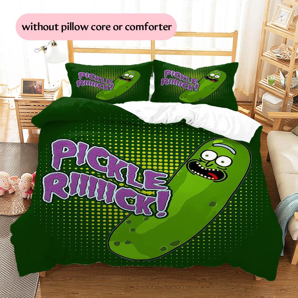Pickle Rick Pattern Bedding Quilt Set  Home Decoration  Gift (1 * Duvet Cover + 2 * Pillowcase  Without Core)
