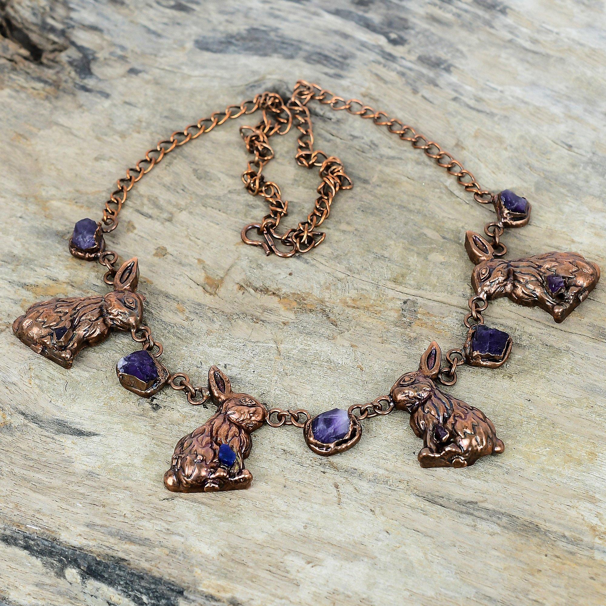

African amethyst rough gemstone necklace electroformed copper adjustable chain necklace rabbit necklace handmade copper jewelry gift for her Adjustable