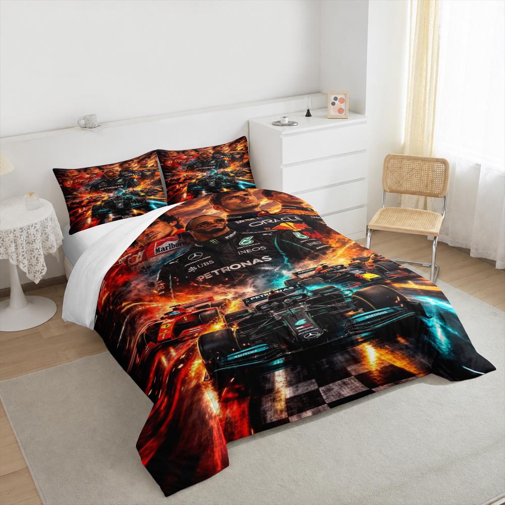 3 Piece Bedding Set with Duvet Cover and 2 Pillowcases - F1 Racing Drivers Legends Grid Print - Sunset Orange Motorsport Decor for Fans
