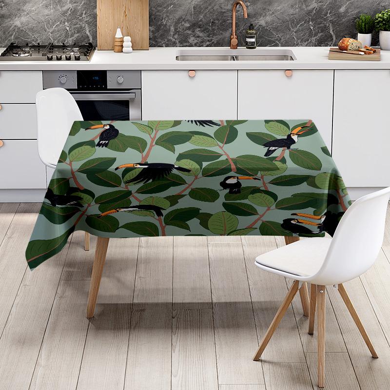 Outdoor Green Leaves TableclothBirds Print Dining Room Decoration Waterproof Non-slip Home Decor Cloth for Kitchen XXL