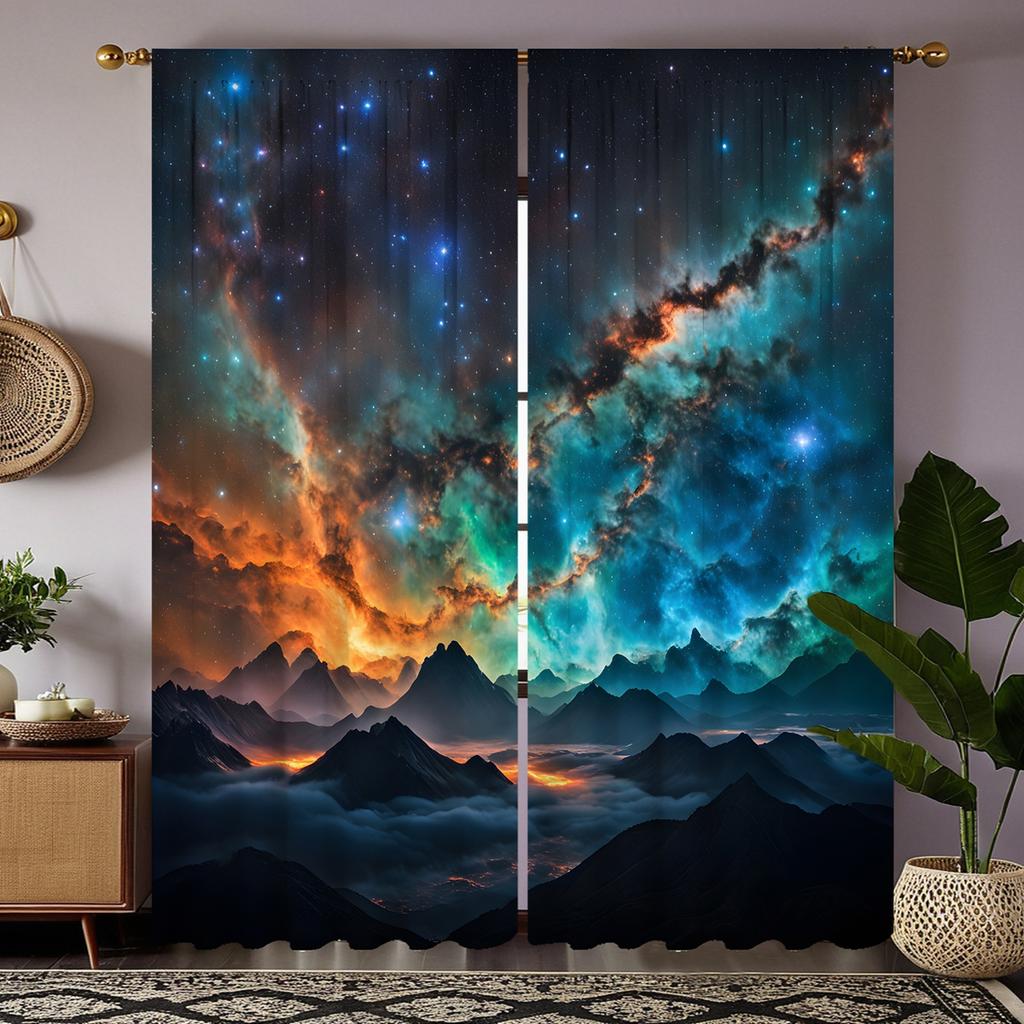 2 Pieces of HD Scenery Under the Stars Decorative Curtain Black Tie Digital Printed Curtain Home Decoration Style Decoration Liv