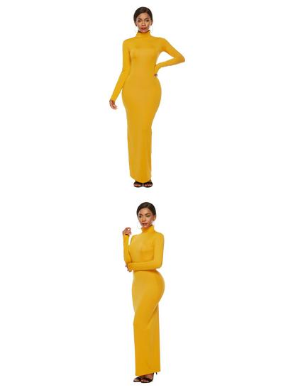 Elastic High-Neck Long-Sleeve Maxi Dress