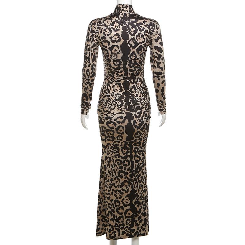Sexy langermet perspektiv Leopard Stretch lang kjole for kvinner