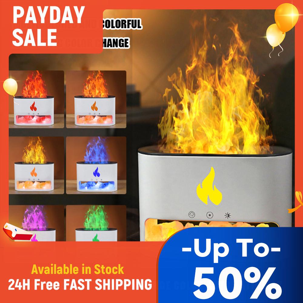 Flammen-Aroma-Diffusor 250ML Luftbefeuchter Typ-C Ätherische Öldiffusoren Buntes LED-Licht mit Salzstein-Box für Zuhause Schlafzimmer
