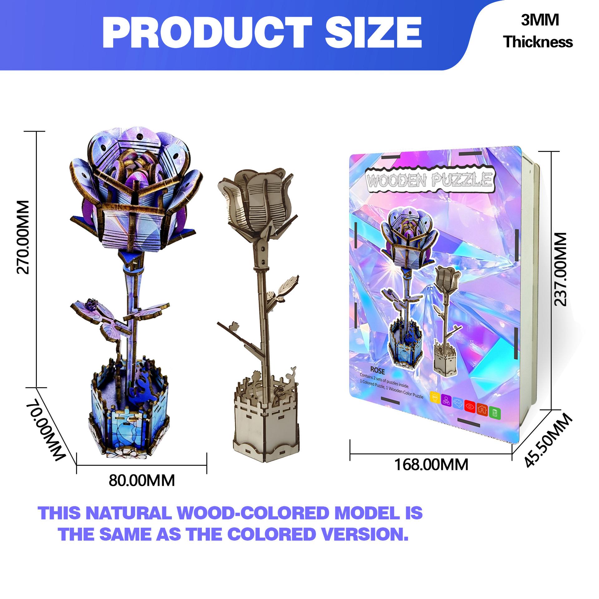 Wacocetoy Cross-Border Blue Rose Puzzle Diy Coloring 3D Wooden Toy Two-In-One Set Three-Dimensional Puzzle
