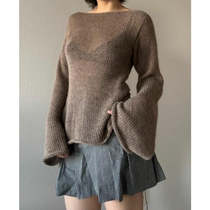 Top lavorato a maglia da donna autunnale nuovo, temperamento, manica svasata, con lacci, sexy, schiena scoperta, maglione
