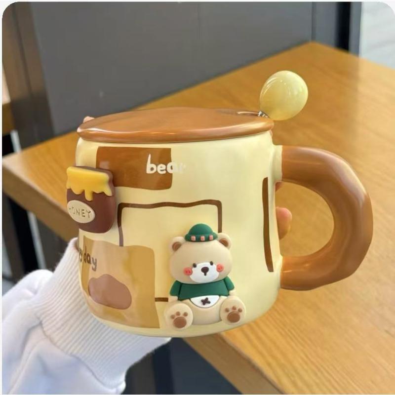 High Value Mug with Lid Spoon Cartoon Bear Ceramic Cup for Girls Birthday Gift High end Office Water Cup