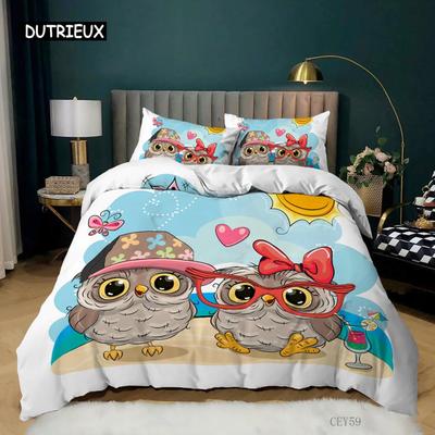 Bettbezug-Set mit Cartoon-Eule, Kingsize, verliebte Eulen, Aufdruck „Süße Partner, Paare“, Zwillingsbettwäsche-Set, weicher Mikrofaser-Bettbezug