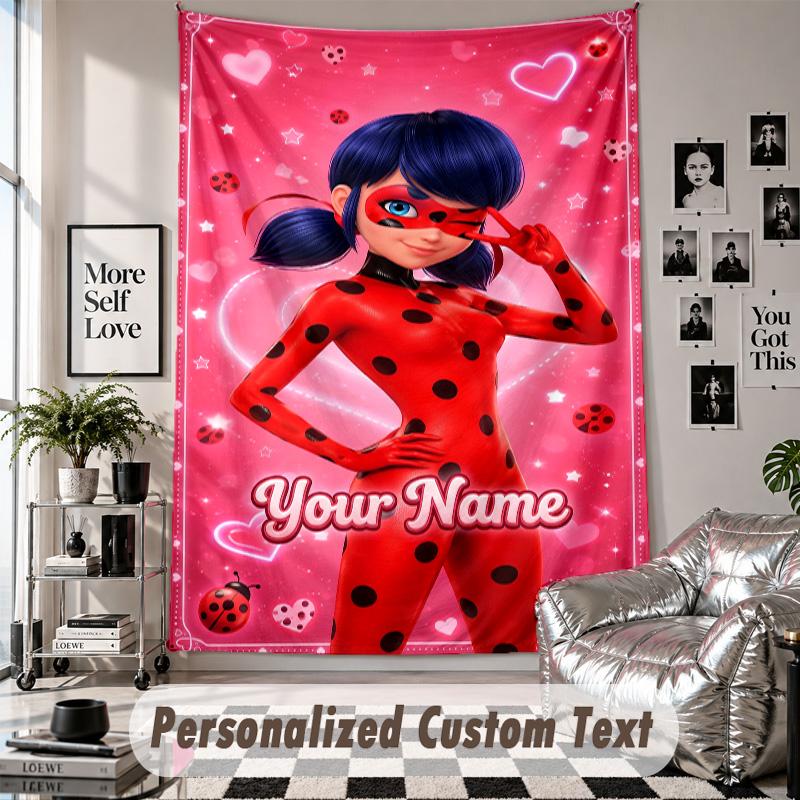 Wall Hanging Tapestry With Custom Name & Text, Miraculous Ladybug Decorative Tapestry For Bedroom