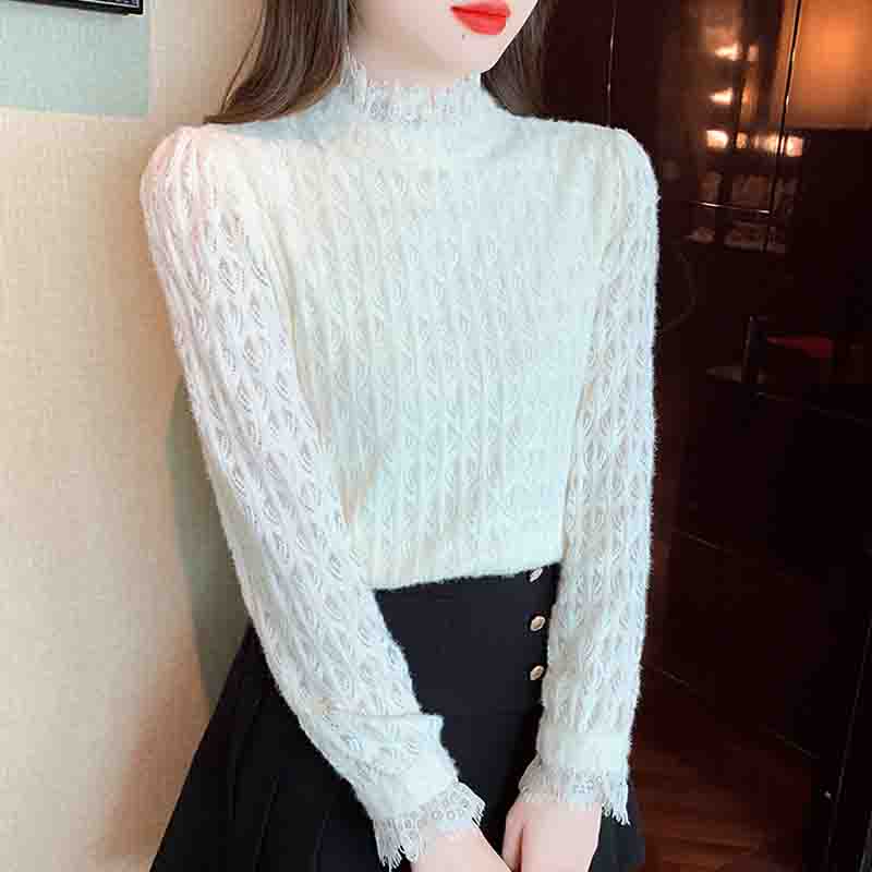 Winter Fashion New 2024 Long Sleeve Stand Collar Apricot Velvet Lace Blouse Shirt Women Tops Blouses Shirts J784
