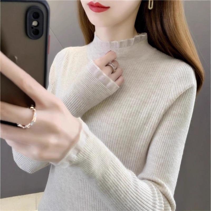 Semi-turtleneck Knitted Sweater Women's Spring and Autumn New Versatile Lace Splicing Sweater Backing Inner Top