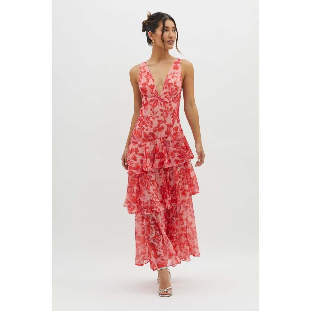 Women s V Neck Sleeveless Floral Print Maxi Dress Mid Waist Elegant Ruffle Dress XS