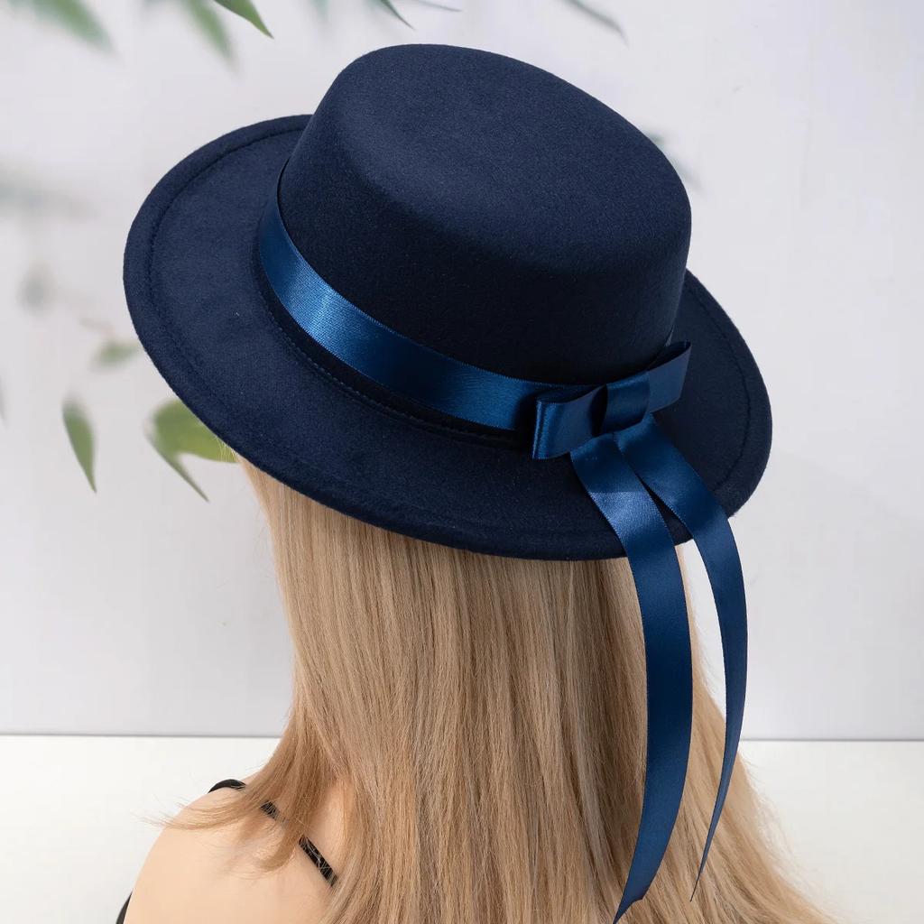 Handmade  Uniform Hat Elegant Flat Top Flat Edge Woolen Academy Style Bowtie Ribbon Hat
