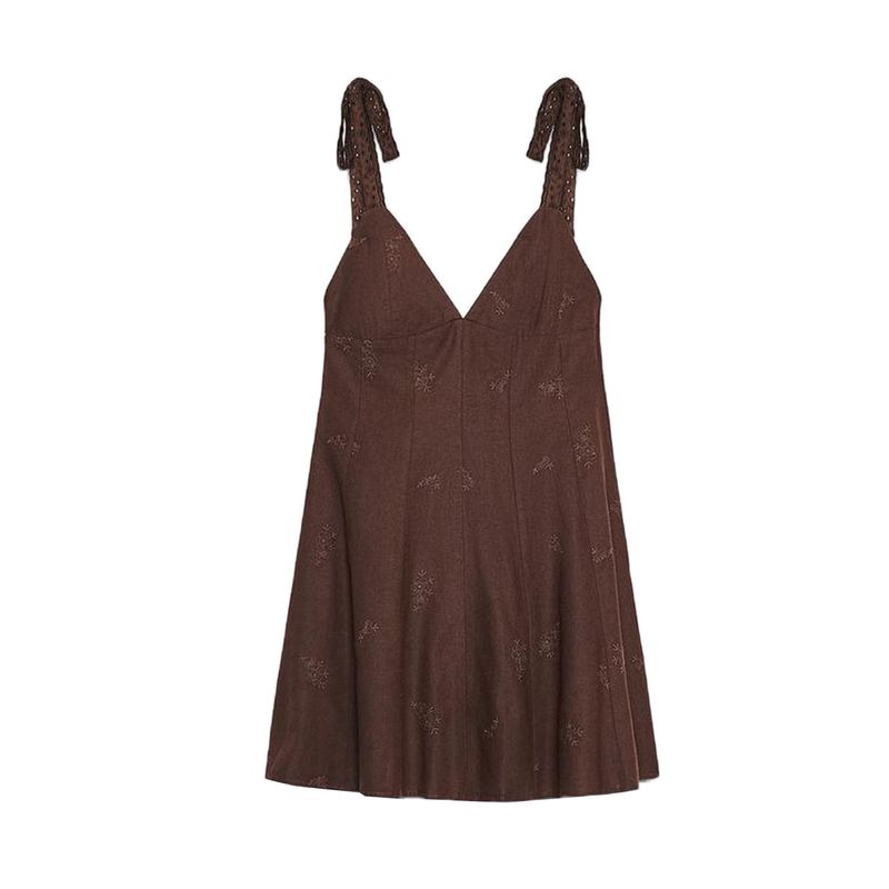 Summer New Product Women's Clothes Linen Blend Bowknot Decoration Embroider V-neck Strap Short Dress 0881395