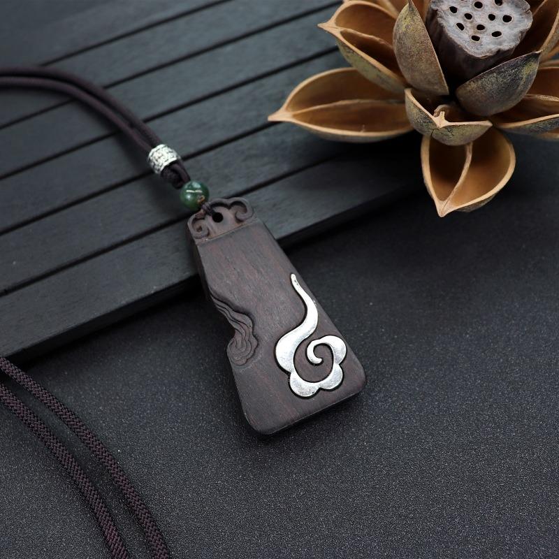 Retro Literary and Artistic Long Ebony Necklace Wooden Pendant Women's Simple Zen Sweater Chain Cotton and Linen Accessories