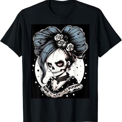 Élégance Rebelle_ T-shirt Graphique Crâne avec Roses Punk Rock