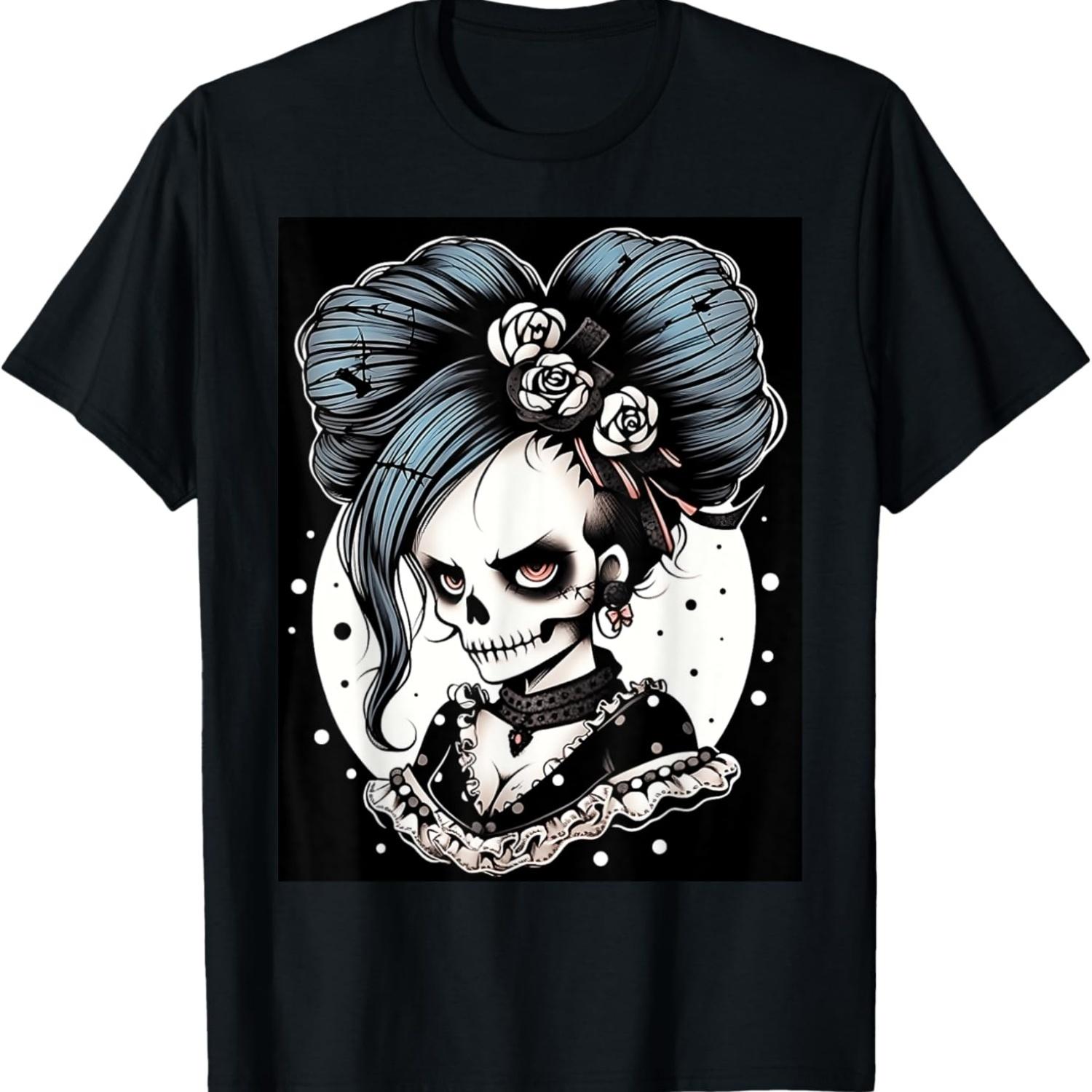 Edgy Elegance_ Skull with Punk Rock Roses Graphic Design T-Shirt S чёрный