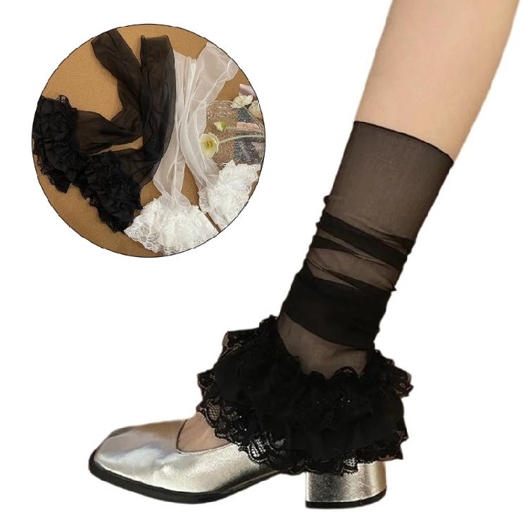 Japanese Style Women Sheer Mesh Leg Cover Tiered Ruffle Lace Flared Long Sock