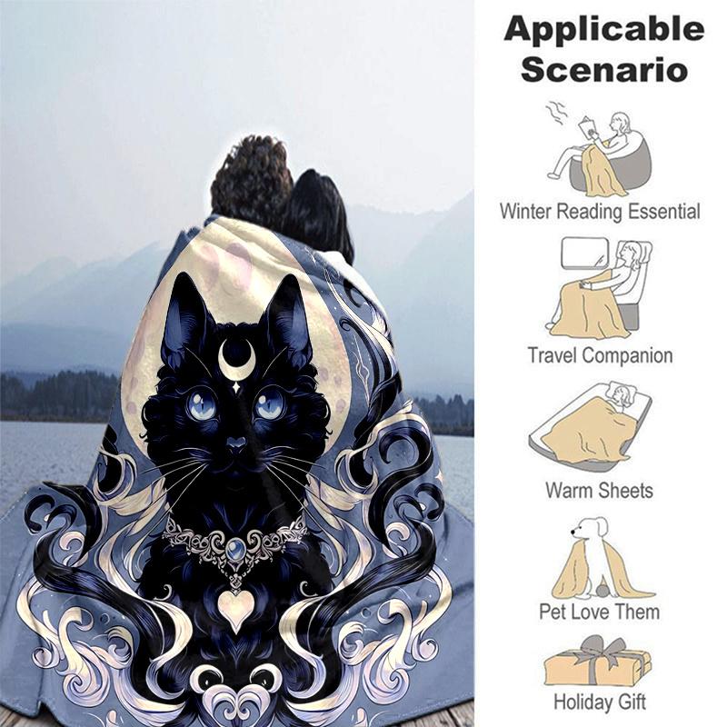 1pc Moonlight Black Cat Blanket  Seasonal Home Decorative Throw, Unique Gift Idea, Living Room, Travel, Camping, Car Blankets