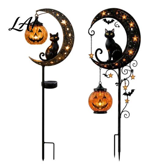 Warm Atmosphere Lights for Fall Parties Solar Halloween Black Cat & Pumpkin Moon Garden Stake Light Waterproof on Decorative Stakes Candy Nights