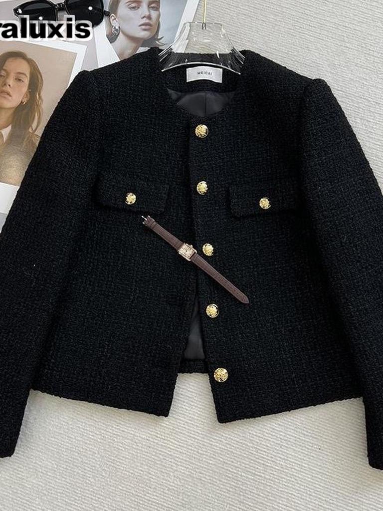 Spring/Autumn New High-End Fashion Round Neck Short Cardigan for Women, Petite French Tweed Elegant Top