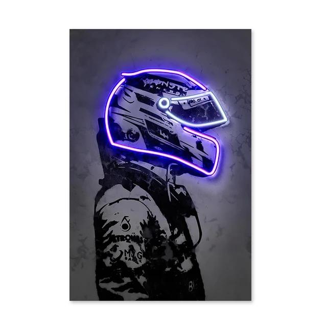 Retro Neon Light Effect Motorcycle Helmet Poster Print Canvas Painting Graffiti Art Wall Picture for Bar Room Home Decor NO LED