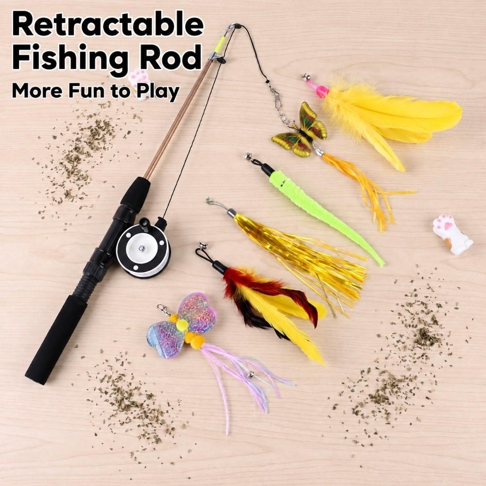 Fishing Wheel Design Fishing Rod Cat Toy Retractable Pole Interactive Cat Stick Indoor Cat Play