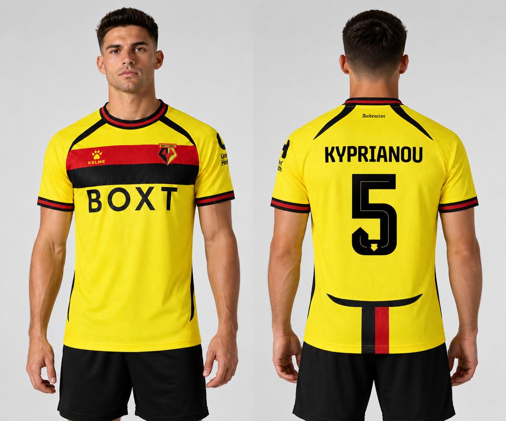 Watford Heimteam Spieler-Trikots - Unisex Kelme Marke Kurzarm Fan-Version Fußball Sport T-Shirt