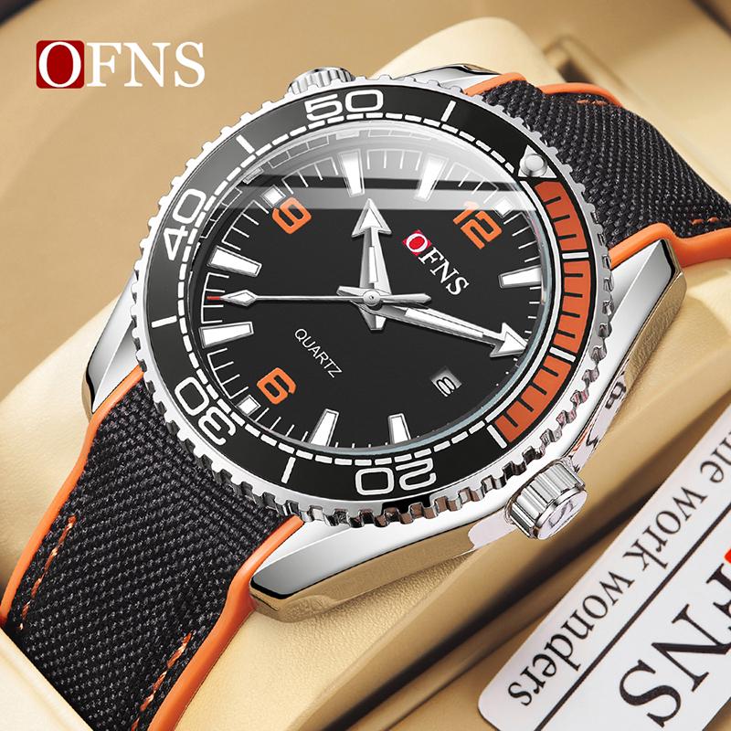 OFNS Top Brand New Man Simple Business Quartz Watch Calendar Luminous Waterproof Watch Fashion One-way Rotating Bezel Mens Watch