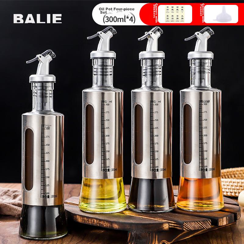 Glass Oil Bottle, Stainless Steel Soy Sauce Bottle, Vinegar Jug, Oil Pourer, Anti-Drip Spout, Non-Stick Oil Bottle, Condiment Container, 300ml*4