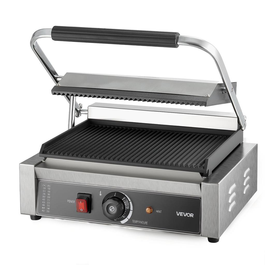 VEVOR Parrilla Panini Comercial, Sandwichera Panini Eléctrica de 2200W, Parrilla Prensadora de Sándwiches de Acero Inoxidable con Asa y Control de Temperatura