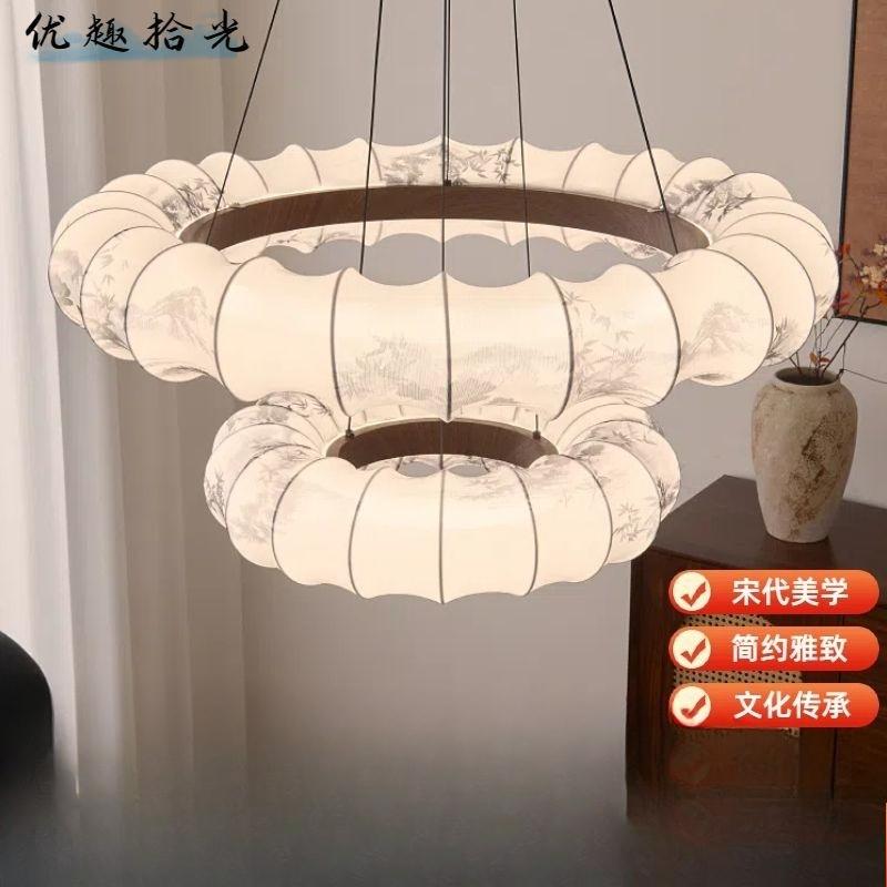 Double-layer fabric pendant lamp, retro living room main lamp, ink-wash painting,master bedroom,banquet hall,dining pendant lamp