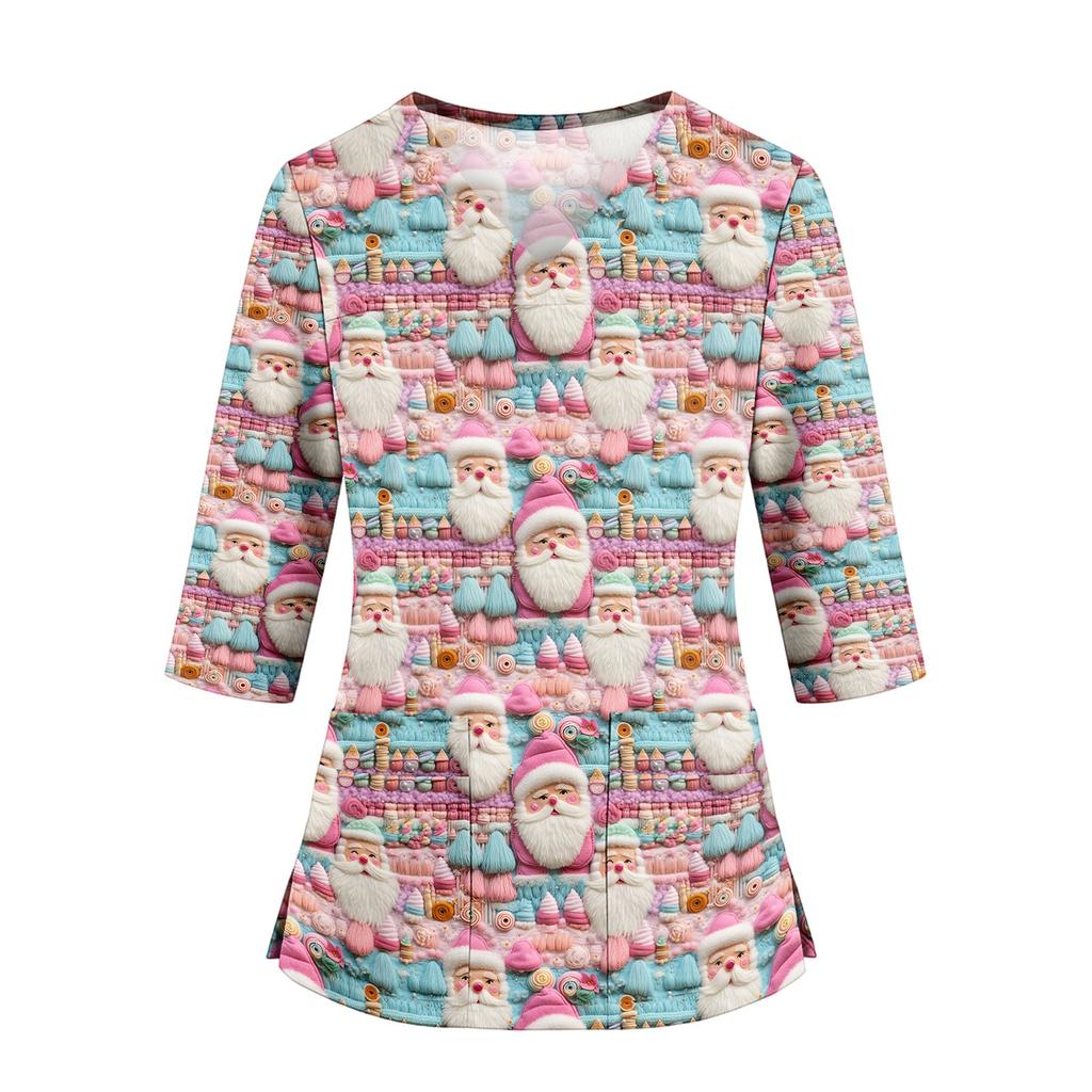 Women's Christmas Print Uniform V-Neck Scrub -Quarter Sleeve for Caregivers