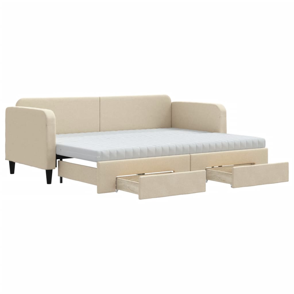 Pull Out Daybed with Drawers Cream 80 X 200 Cm Fabric
