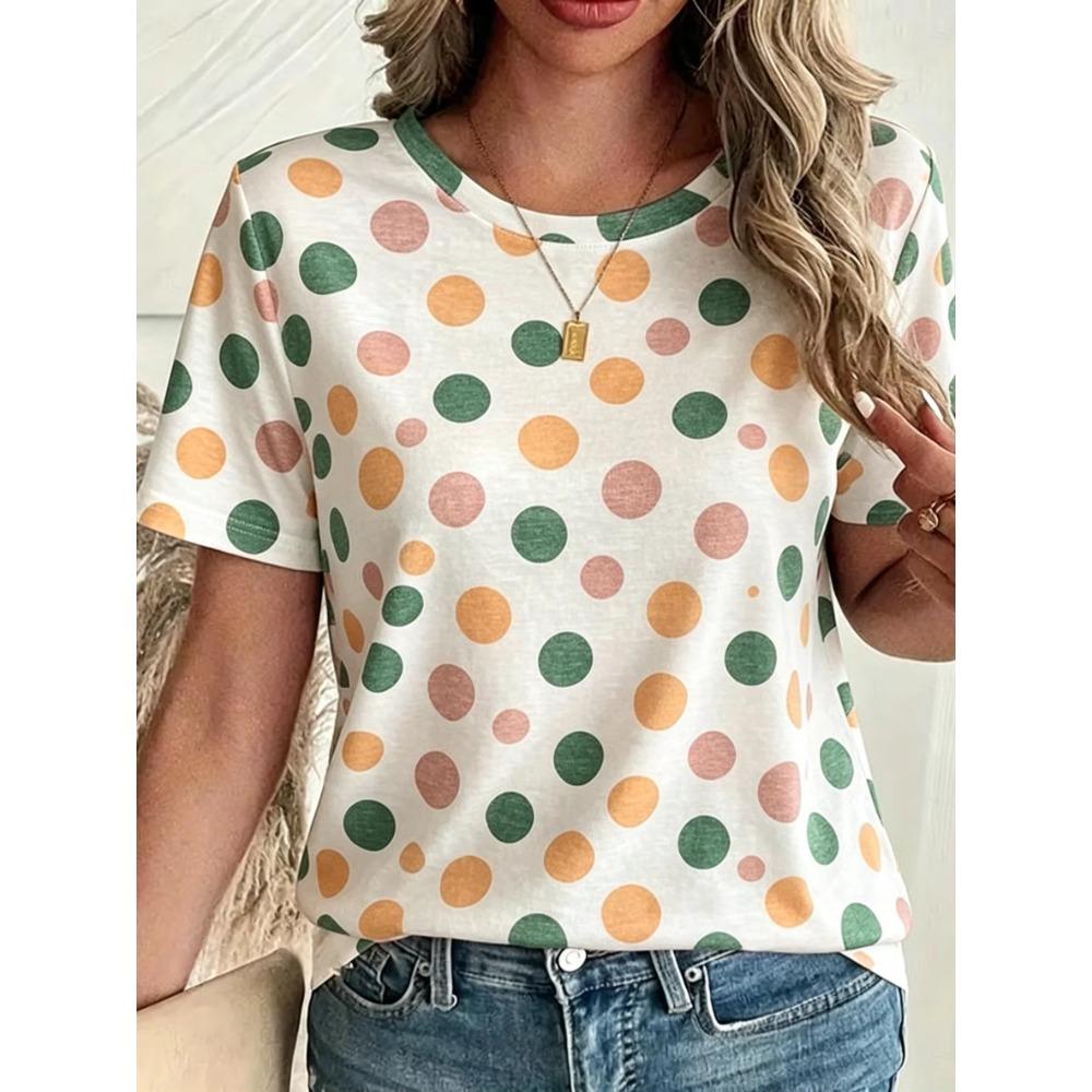 Women's Multicolor Polka Dot Print Round Neck T-Shirt, Short Sleeve Casual Tops, White Daily Wear for Spring Summer