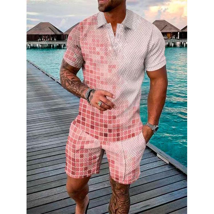 New Men'S Summer Fashion Casual Polo Shirt Collar Casual Set Collar Shorts Set Sports Men'S Solid Color T-Shirt Shorts Running Training Set