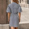 Women's Striped Shirt Dress Stand Collar Lotus Leaf Sleeve