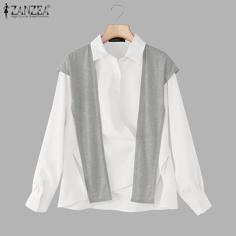 ZANZEA Women Patchwork Turn Down Collar Casual Long Sleeve Blouse