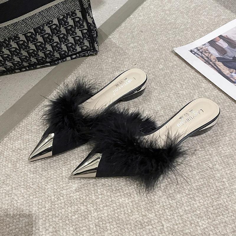 Fashion New Style Fashion Pointy Mule Shoes Women's Fluffy Summer Dress Elegant Slingback Sandals Party Simple and Shallow Cut Style