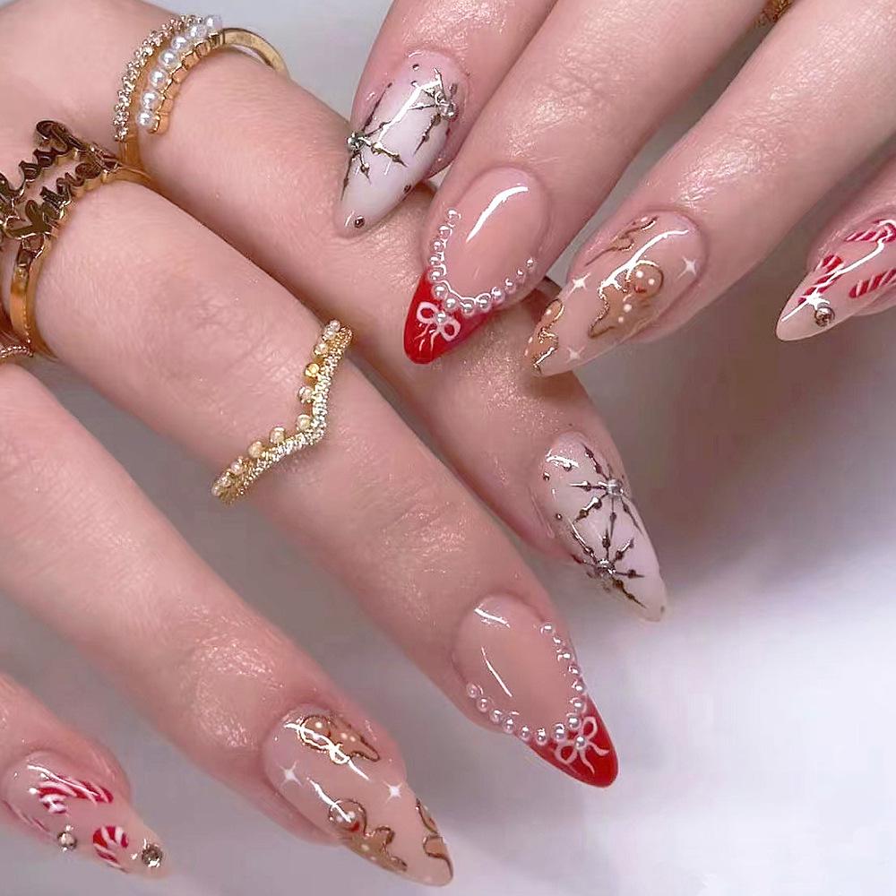 24-Piece Gold Glitter Almond Cat Eye Rhinestone Snowflake False Nails - European  American High-End Christmas Design