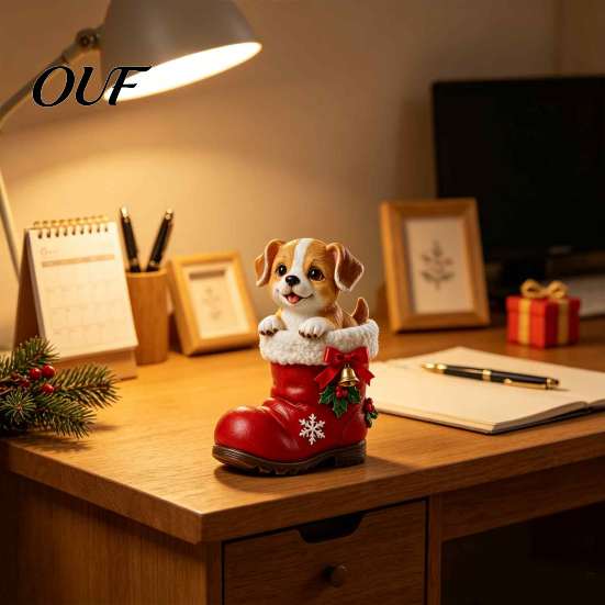 Small Resin Animal Figurines Christmas Puppy in Santa Boot Figurine, Cute Dog Holiday Tabletop Decor with Boots Figurine Bow Bell Holly, Festive Home