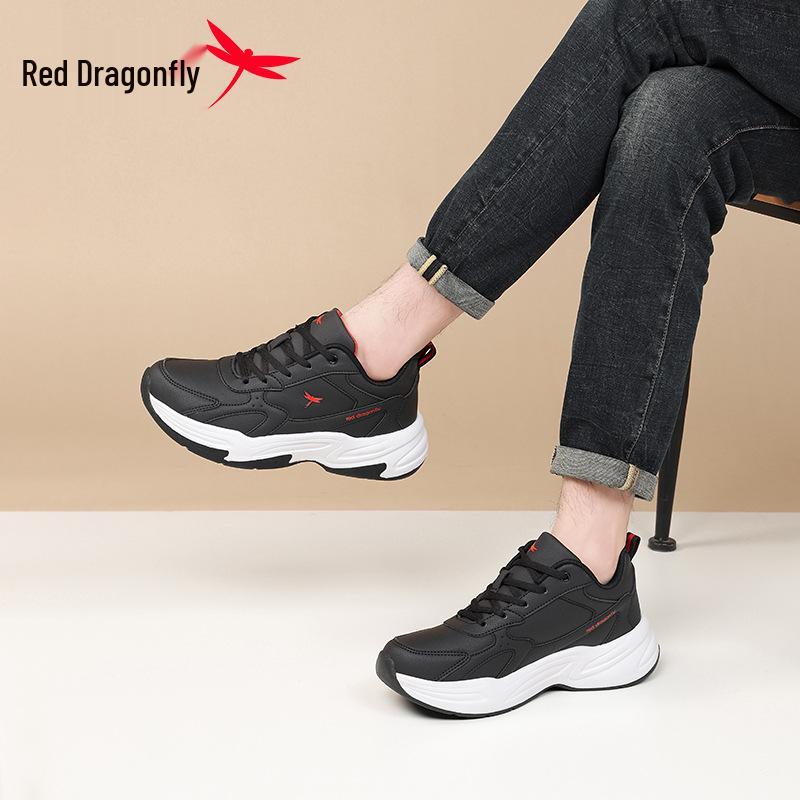Red Dragonfly Men's Black Warrior Sports Shoes: Spring/Autumn, Thick Sole, Height-Boosting, Waterproof, Trendy Casual Dad Shoes.