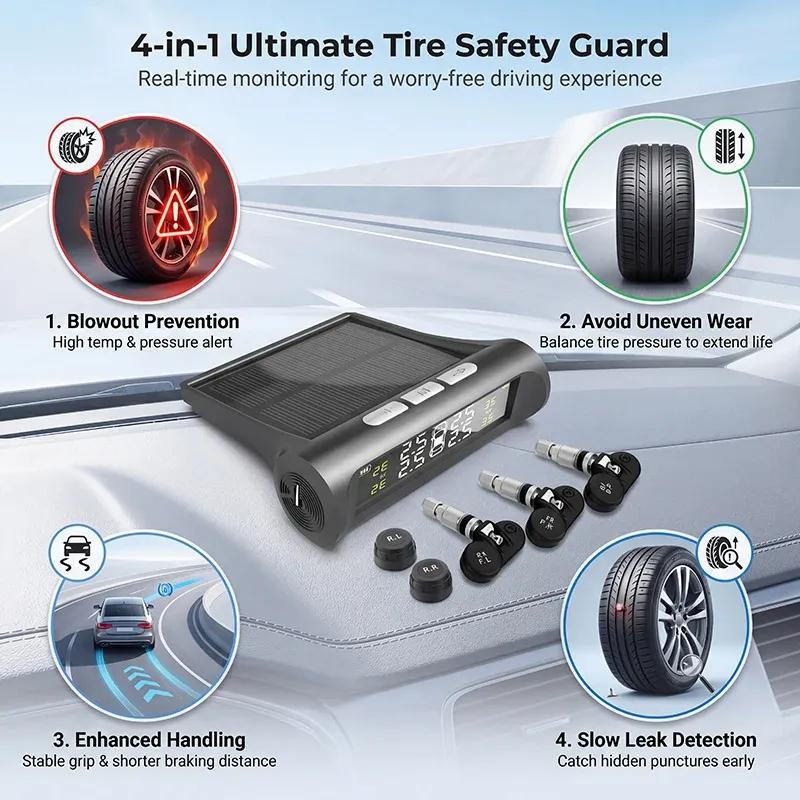 Universal Smart Car TPMS Tyre Pressure Monitoring Digital LCD Display System 4 Sensors Auto Security Alarm Solar Charging