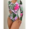 Long Sleeve Tropical Leaf Print Cutout One Piece Swimsuit Modest Bathing Suit