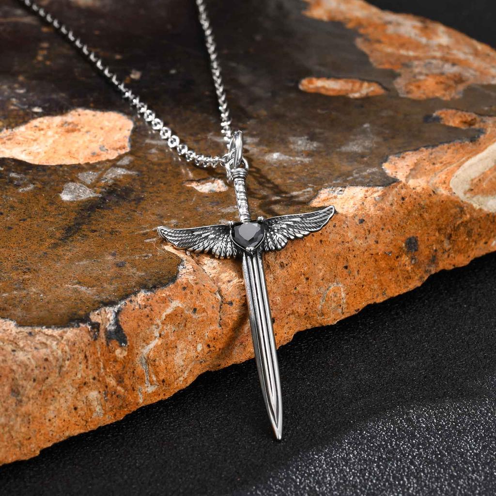 Man's Punk Rock Cross Sword Pendant Necklace, Long Knife Shaped Stainless Steel Necklace, Vintage Gothic Jewelry
