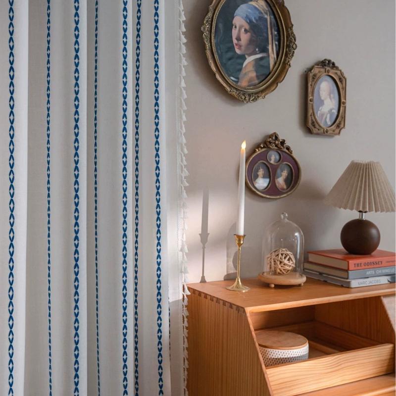 

American Rural Style Curtains Multi-line Semi-Blackout Windows Curtains with Tassels Embroidery Curtains for Bedroom Living Room W132 x H45cm&Threading Rod
