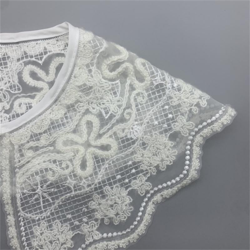 Fashion Detachable Fake Collar Faux Pearl Button Shawl Wrap Women Embroidery Floral Sequins Necklace Lightweight Capelet
