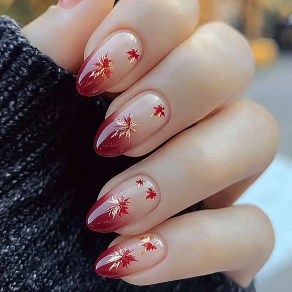 

Autumn & Winter Red Maple Almond Long False Nails - Wearable & Removable